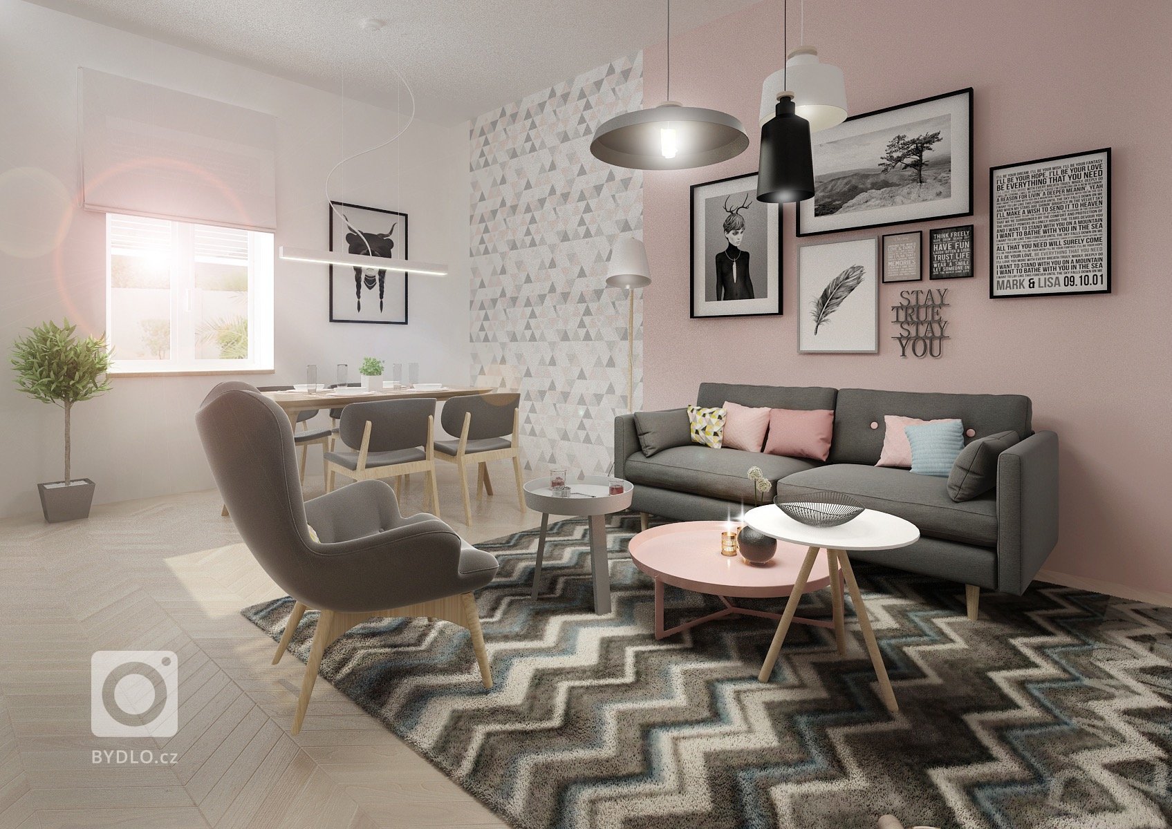 Minimalistický skandinávský design v&nbsp;netradičně řešené kuchyni s&nbsp;jídelnou a obývacím pokojem v&nbsp;jednom. Podlaha parkety bělený dub, přírodní dub,…