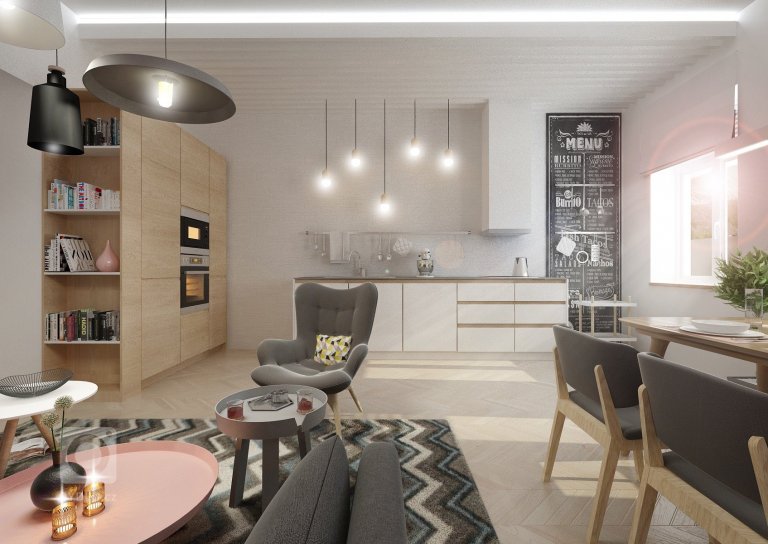Minimalistický skandinávský design v&nbsp;netradičně řešené kuchyni s&nbsp;jídelnou a obývacím pokojem v&nbsp;jednom. Podlaha parkety bělený dub, přírodní dub,…