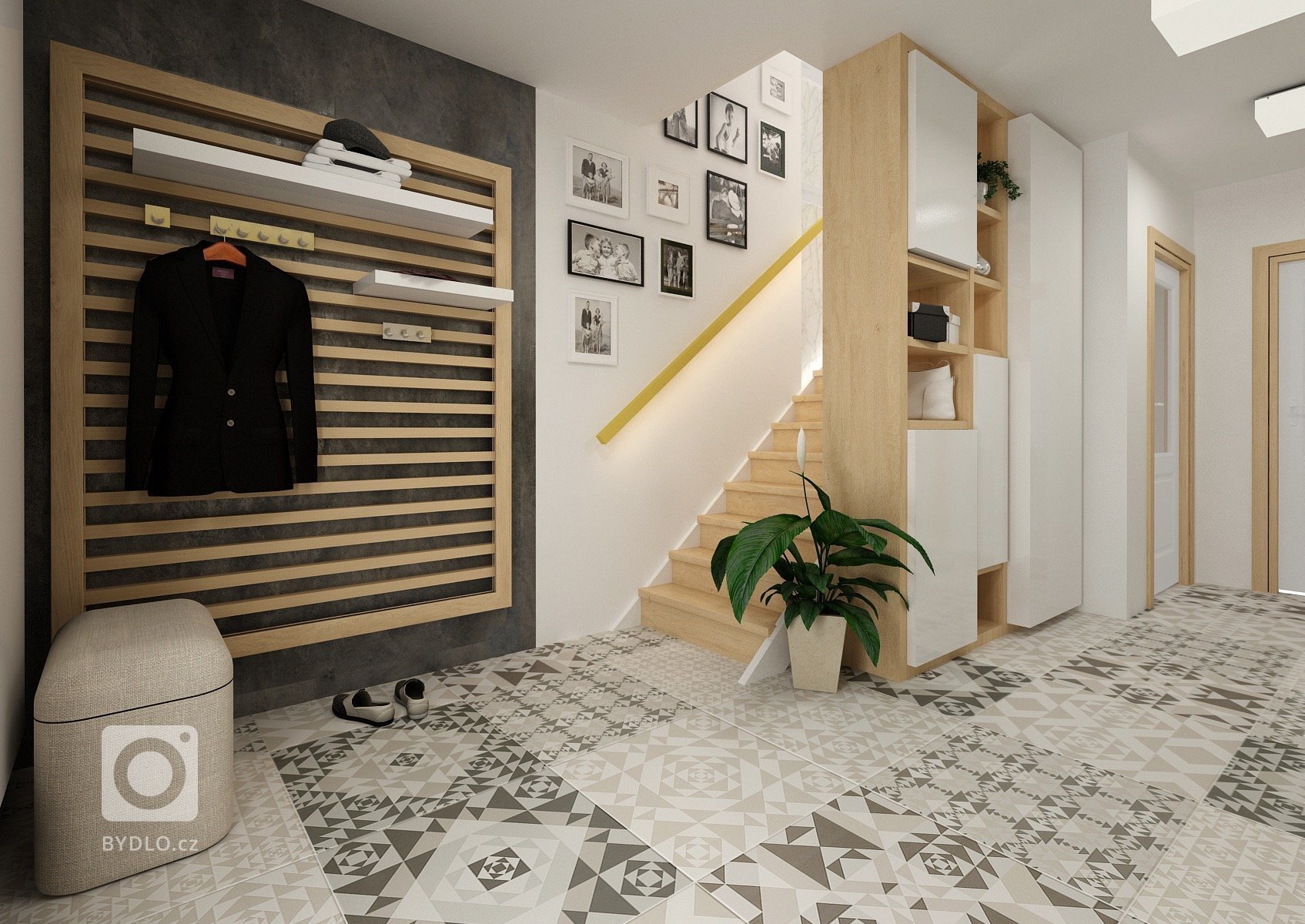 Kuchyně v RD nedaleko Brna. U kuchyňské linky je na stěně černá stěrka, která se opakuje i na dalších stěnách interiéru. Prac. deska a nábytek v dekoru…