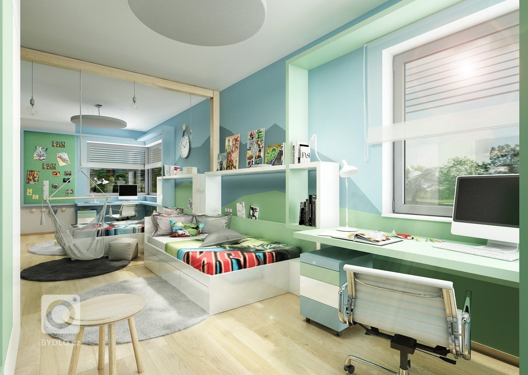 V projektu byly původně dva pokoje, ale na přání dětí zůstaly jako jeden. Společný dětský pokoj pro dva kluky. Každý má své království, ale přitom jsou spolu.…