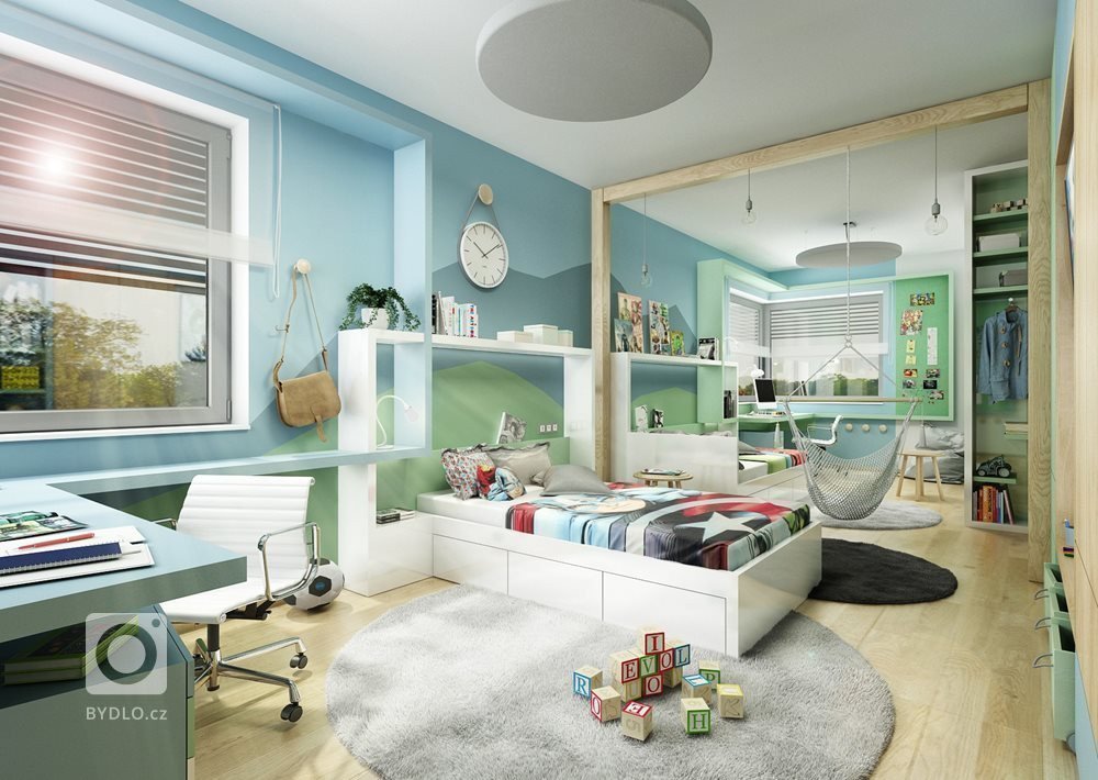 V projektu byly původně dva pokoje, ale na přání dětí zůstaly jako jeden. Společný dětský pokoj pro dva kluky. Každý má své království, ale přitom jsou spolu.…