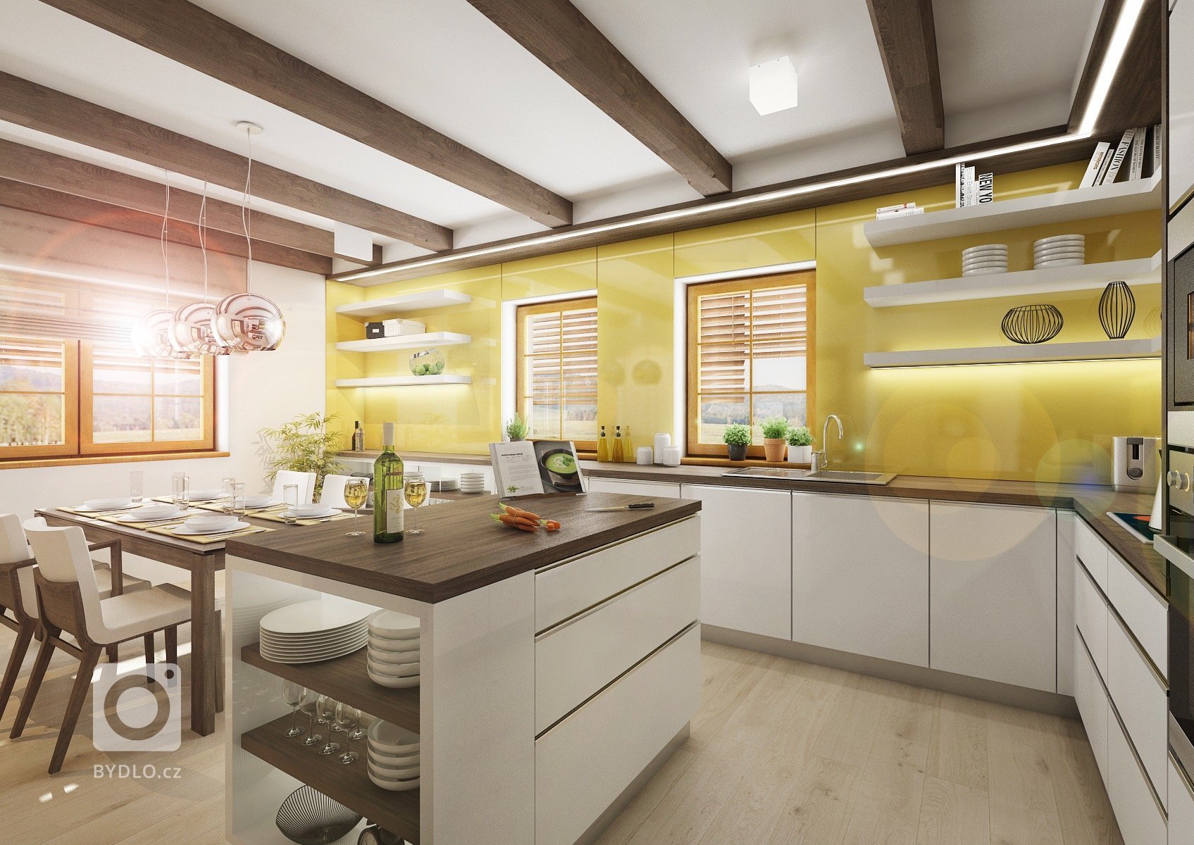 Přiznané trámy na stropě v&nbsp;tmavě mořeném dřevodekoru, který se opakuje i na nábytku v kuchyni. Většina dvířek kuchyně je v&nbsp;bílém lesku. Obklad za…