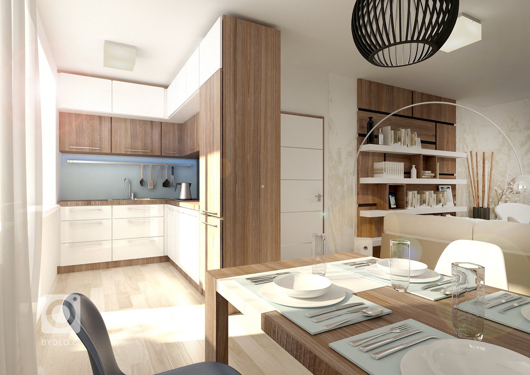 Komplet návrh bytu 2+kk . V&nbsp;interiéru se střídá světlý dřevodekor na vinylové podlaze s&nbsp;tmavším na nábytku. Dominantou obývacího pokoje jsou výrazné…