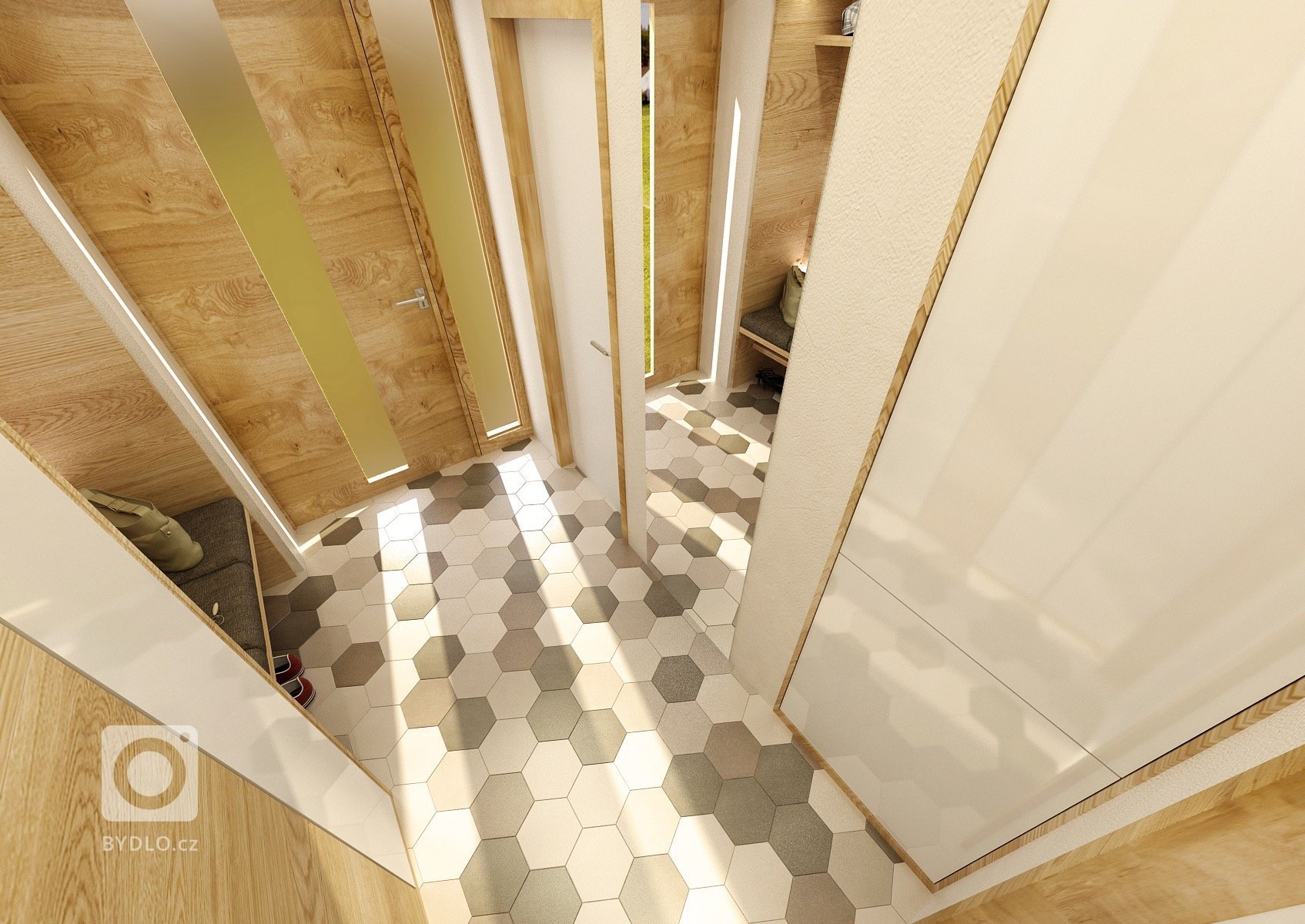 Návrh interiéru nízkoenergetické dřevostavby, kde jsou například stěny upraveny hliněnými omítkami, přiznané stropní smrkové trámy a k&nbsp;vytápění slouží…