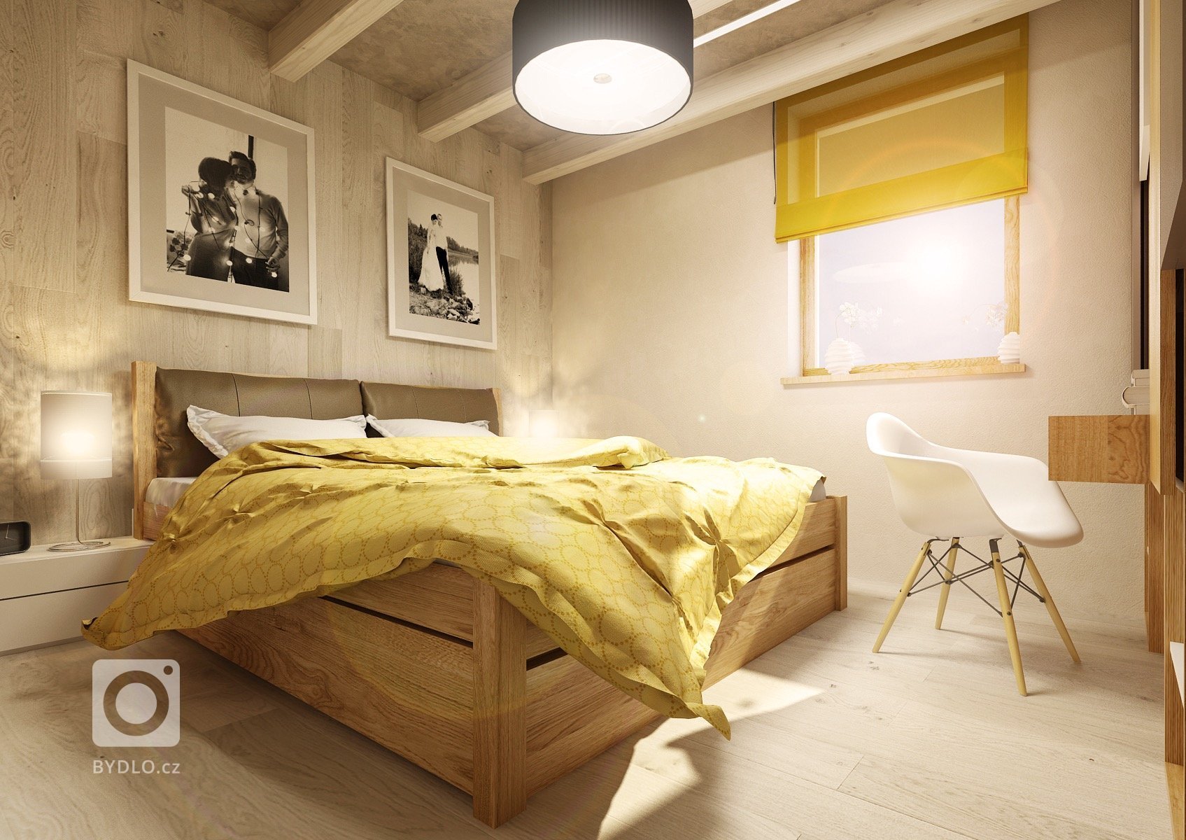 Návrh interiéru nízkoenergetické dřevostavby, kde jsou například stěny upraveny hliněnými omítkami, přiznané stropní smrkové trámy a k&nbsp;vytápění slouží…