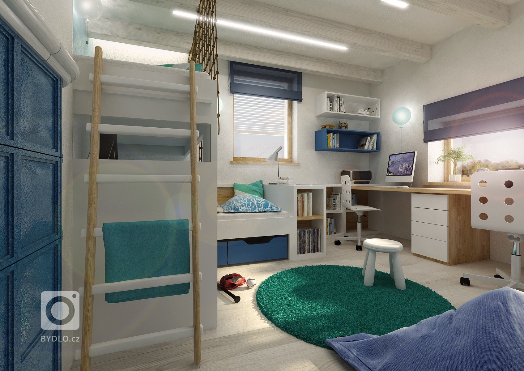 Návrh interiéru nízkoenergetické dřevostavby, kde jsou například stěny upraveny hliněnými omítkami, přiznané stropní smrkové trámy a k&nbsp;vytápění slouží…