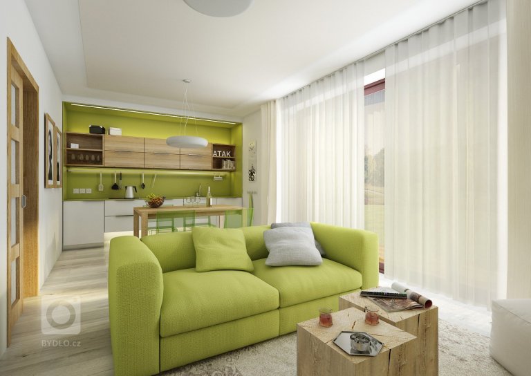 Návrh velkého společného prostoru s kuchyní a obývacím pokojem. Podlaha v šedém dřevodekoru je společná pro celý dům a jednotlivé místnosti se tak více spojují…