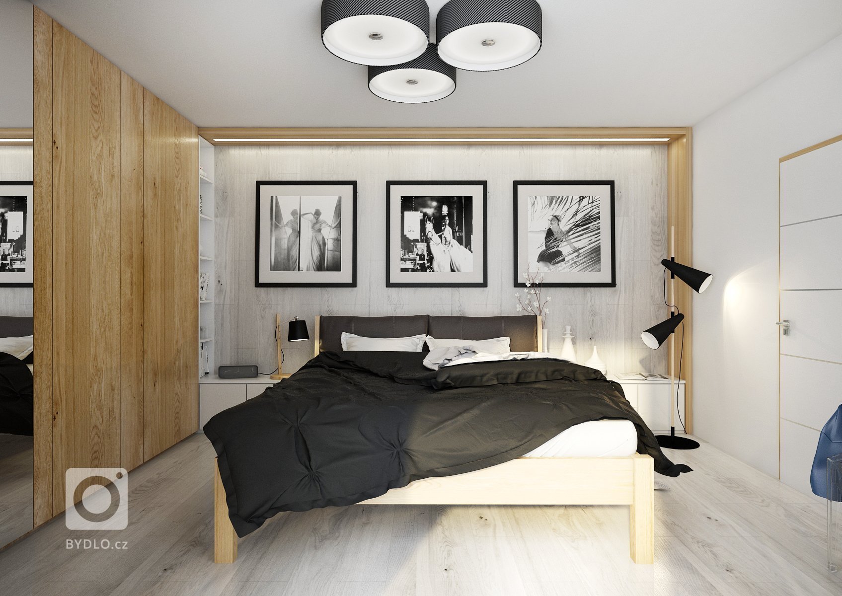 Návrh velkého společného prostoru s kuchyní a obývacím pokojem. Podlaha v šedém dřevodekoru je společná pro celý dům a jednotlivé místnosti se tak více spojují…