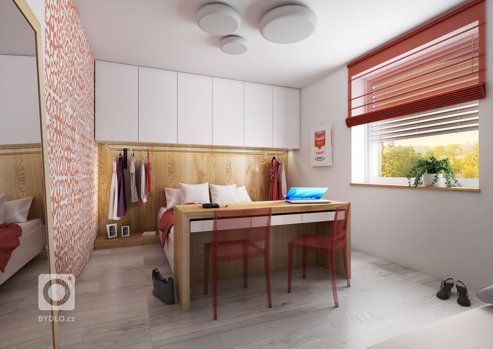 Návrh velkého společného prostoru s kuchyní a obývacím pokojem. Podlaha v šedém dřevodekoru je společná pro celý dům a jednotlivé místnosti se tak více spojují…