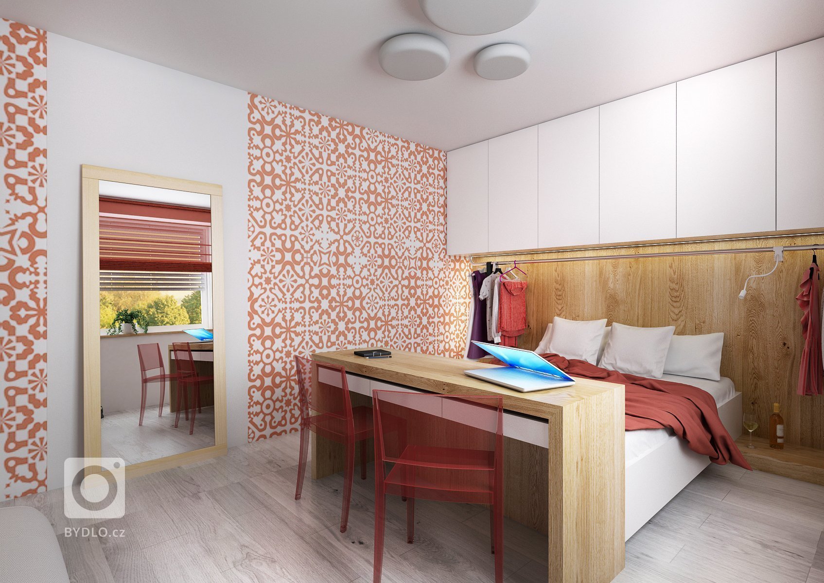 Návrh velkého společného prostoru s kuchyní a obývacím pokojem. Podlaha v šedém dřevodekoru je společná pro celý dům a jednotlivé místnosti se tak více spojují…