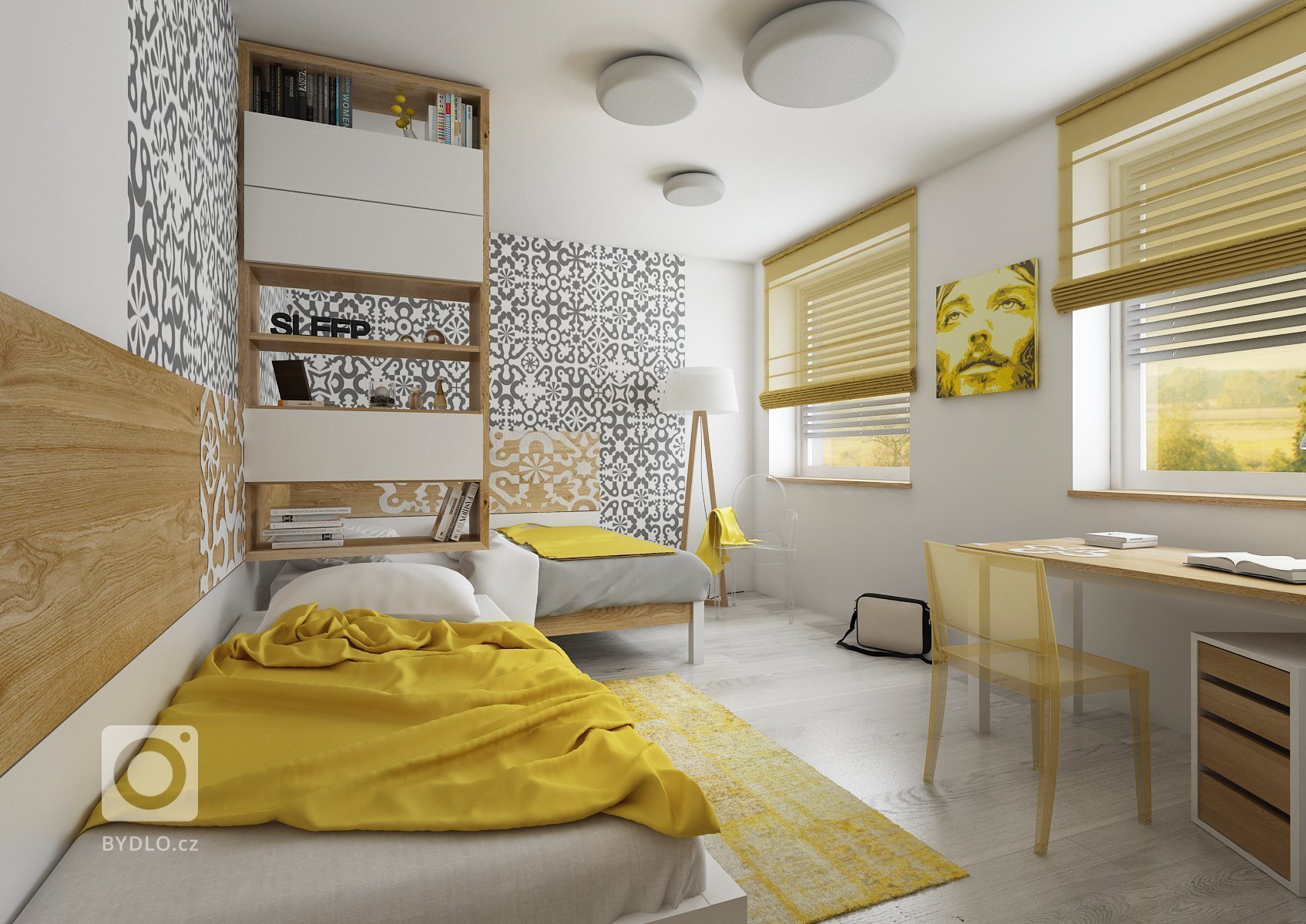 Návrh velkého společného prostoru s kuchyní a obývacím pokojem. Podlaha v šedém dřevodekoru je společná pro celý dům a jednotlivé místnosti se tak více spojují…