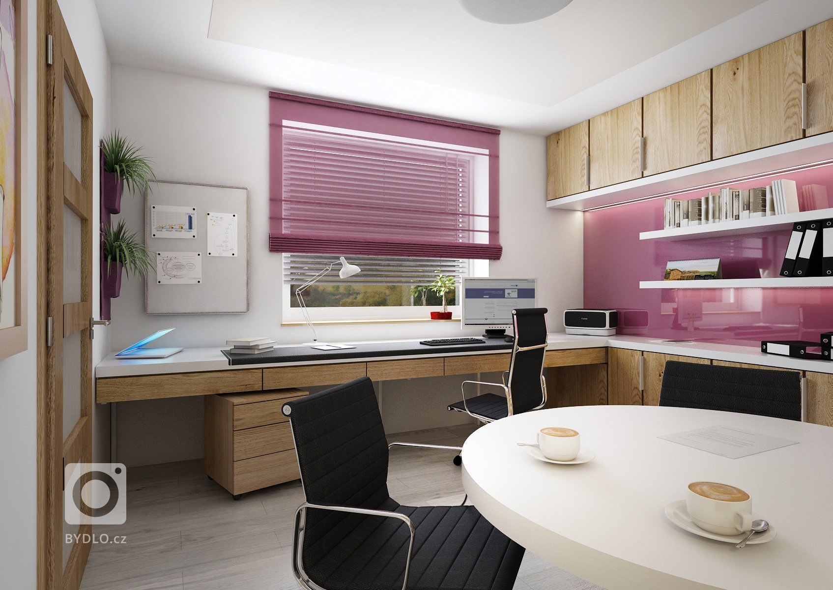 Návrh velkého společného prostoru s kuchyní a obývacím pokojem. Podlaha v šedém dřevodekoru je společná pro celý dům a jednotlivé místnosti se tak více spojují…