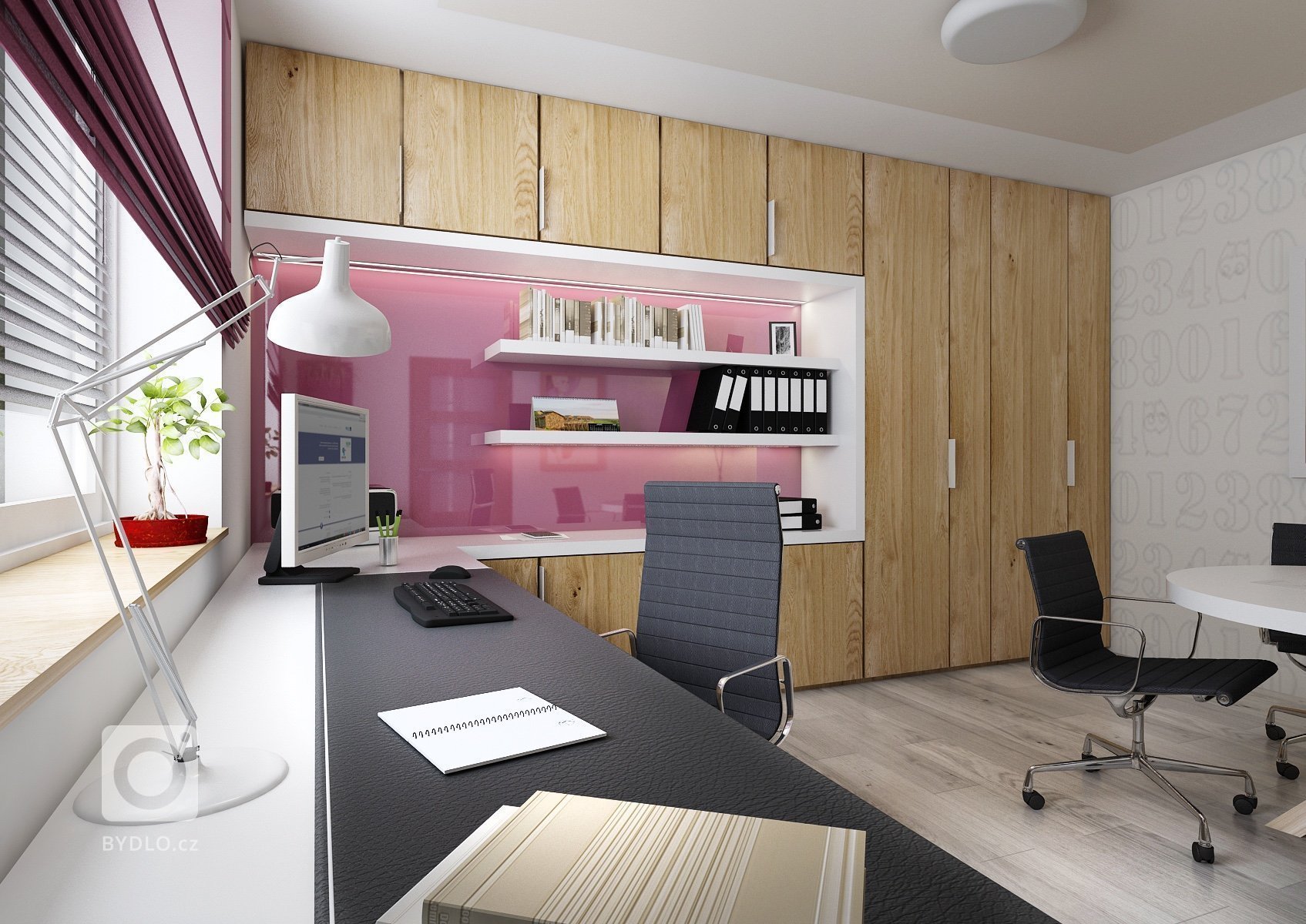 Návrh velkého společného prostoru s kuchyní a obývacím pokojem. Podlaha v šedém dřevodekoru je společná pro celý dům a jednotlivé místnosti se tak více spojují…