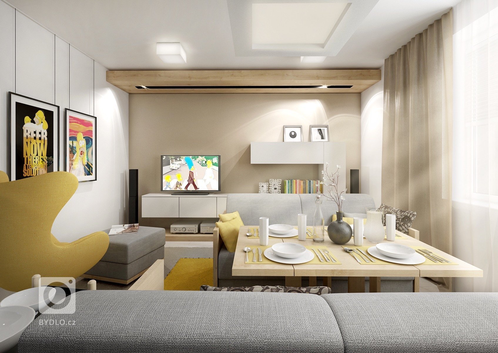 Obývací pokoj filmového fanouška ve variantách. Na běžné sledování je normální TV posazená na nábytku. Pro co nejkvalitnější filmový zážitek pak má majitel…