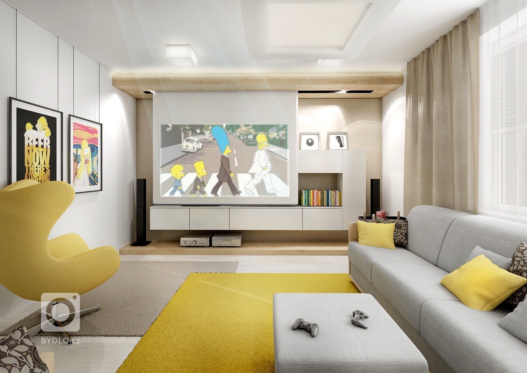 Obývací pokoj filmového fanouška ve variantách. Na běžné sledování je normální TV posazená na nábytku. Pro co nejkvalitnější filmový zážitek pak má majitel…