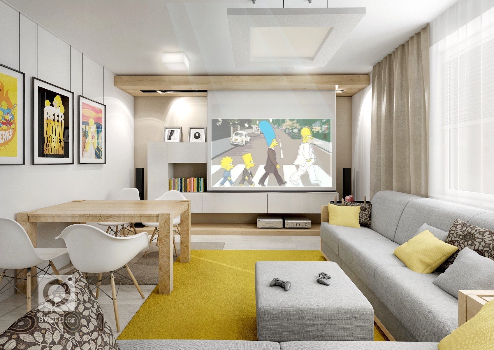 Obývací pokoj filmového fanouška ve variantách. Na běžné sledování je normální TV posazená na nábytku. Pro co nejkvalitnější filmový zážitek pak má majitel…