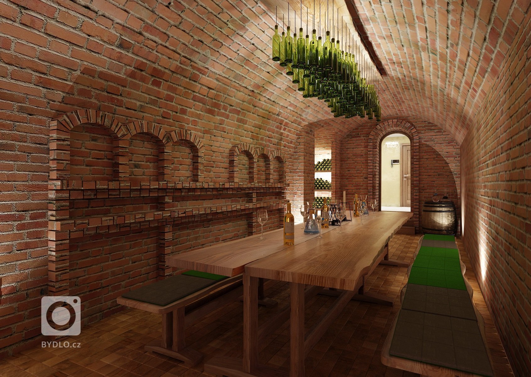 Pro změnu tu máme netradičně návrh interiéru domácího vinného sklepa ve dvou variantách. V každé z nich hrají hlavní roli jak jinak než vinné lahve s LED nasvícením, cihlová klenba a dubové masivní dřevo. V jedné z variant je použit místo odkrytých cihel na zdech benátský štuk.