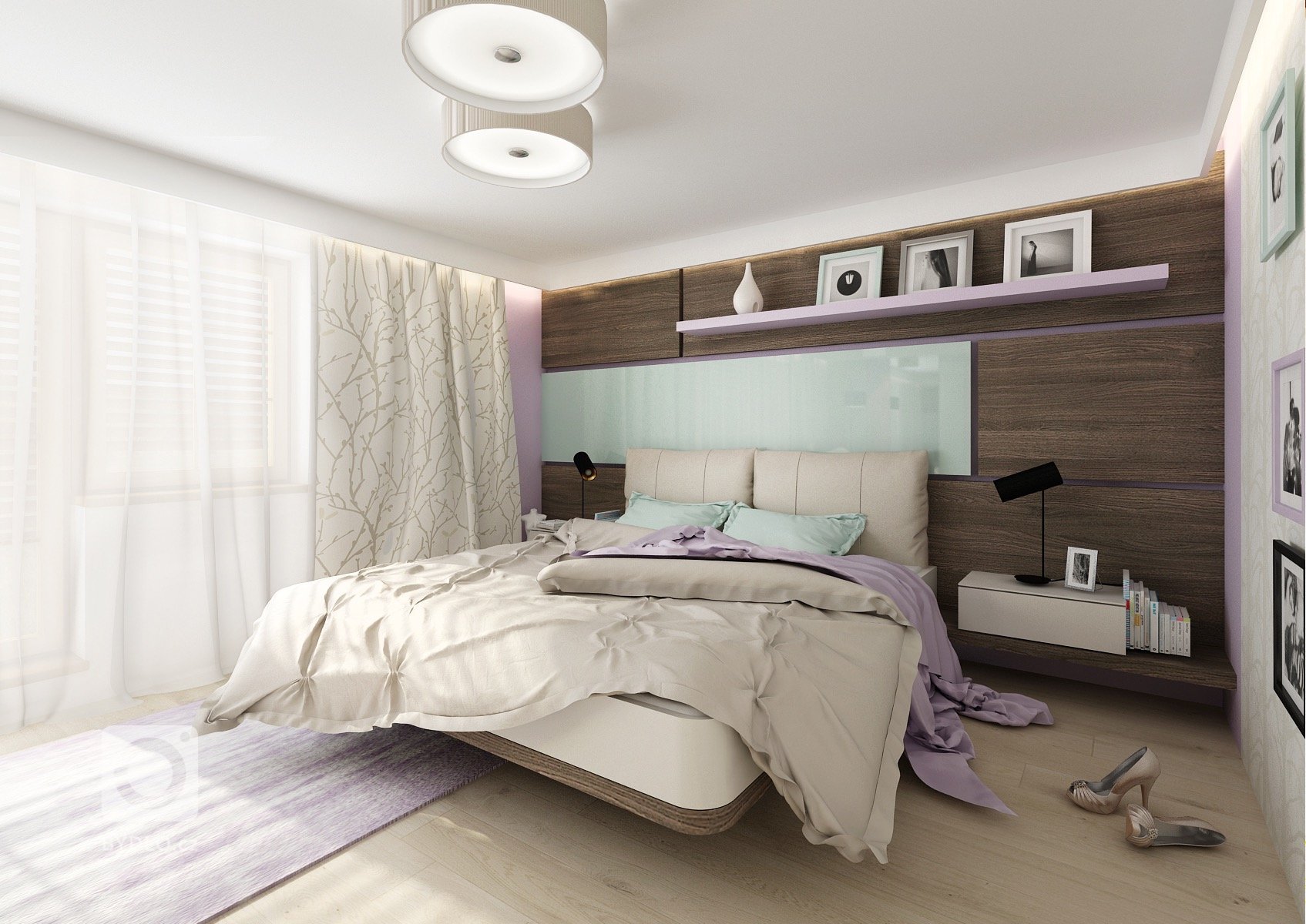 Uklidňující levandulové a mintové pastelové barvy spolu s&nbsp;béžovou a tmavě hnědou dřevodekoru wenge vytvářejí příjemnou atmosféru pro manželskou ložnici.…