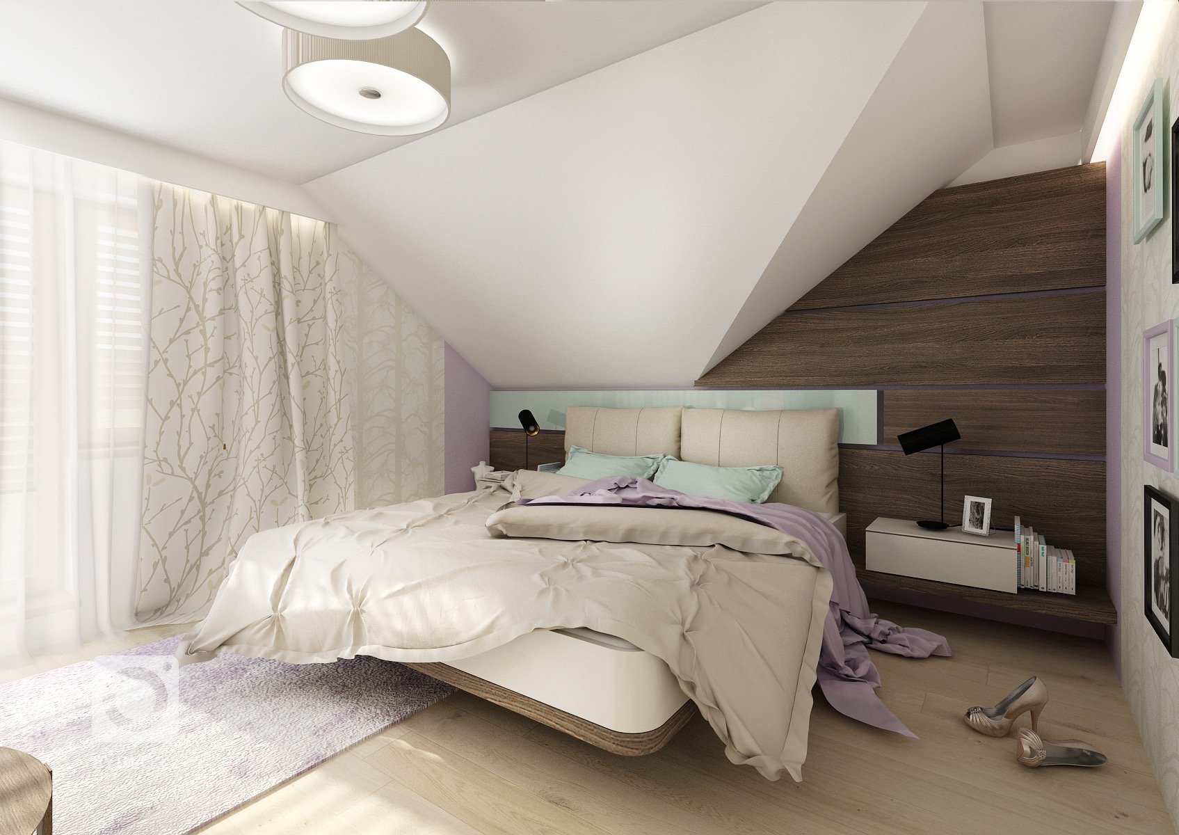 Uklidňující levandulové a mintové pastelové barvy spolu s&nbsp;béžovou a tmavě hnědou dřevodekoru wenge vytvářejí příjemnou atmosféru pro manželskou ložnici.…