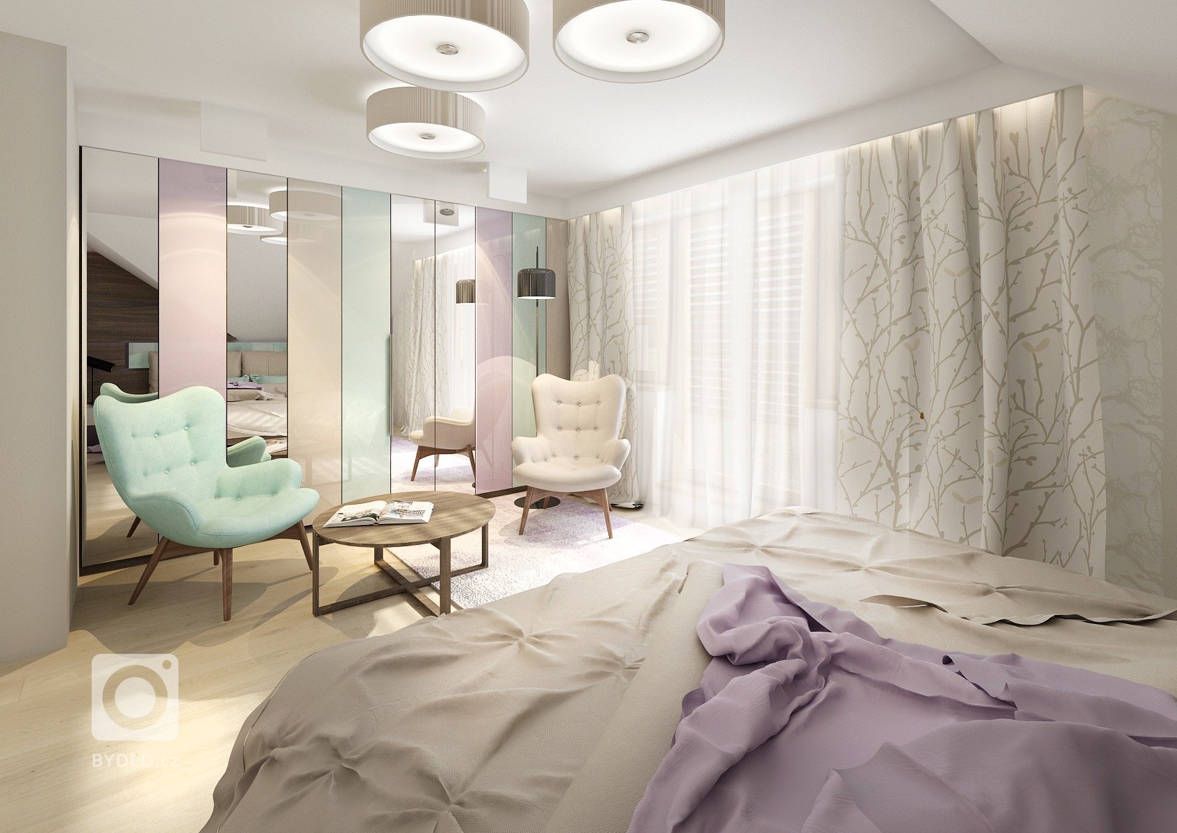 Uklidňující levandulové a mintové pastelové barvy spolu s&nbsp;béžovou a tmavě hnědou dřevodekoru wenge vytvářejí příjemnou atmosféru pro manželskou ložnici.…