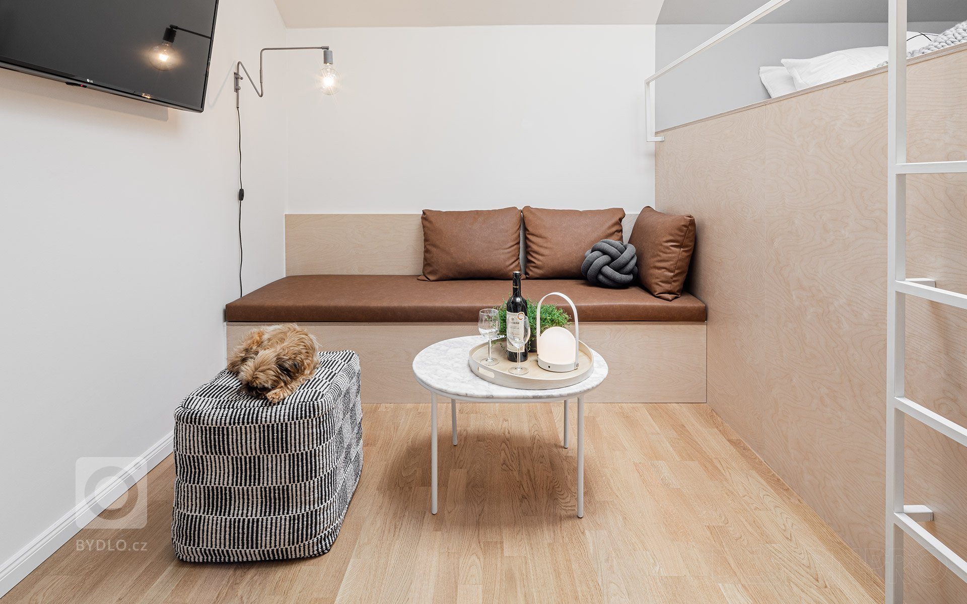 Interiér podkrovního bytu v centru Prahy v ulici Štěpánská. Malý byt na krátkodobý pronájem, o velikosti pouhých 23 metrů čtverečních, jsme navrhovali a…