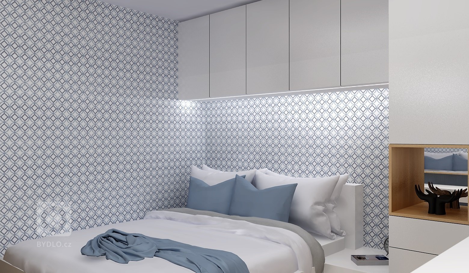 Odstíny modré v kombinaci s bílým laminem a světlým dřevodekorem vytváří příjemné prostředí pro odpočinek. V nejmenší místnosti bytu vznikl návrh plnohodnotné…