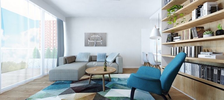 Projekt bytu Pri Mýte je charakteristický doplnkami a akcentami v modrej farbe.
