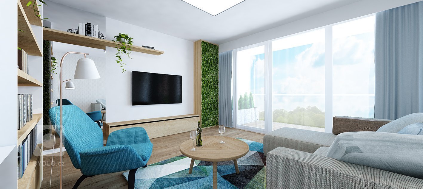 Projekt bytu Pri Mýte je charakteristický doplnkami a akcentami v modrej farbe.
