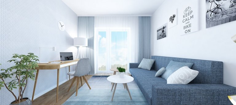 Projekt bytu Pri Mýte je charakteristický doplnkami a akcentami v modrej farbe.
