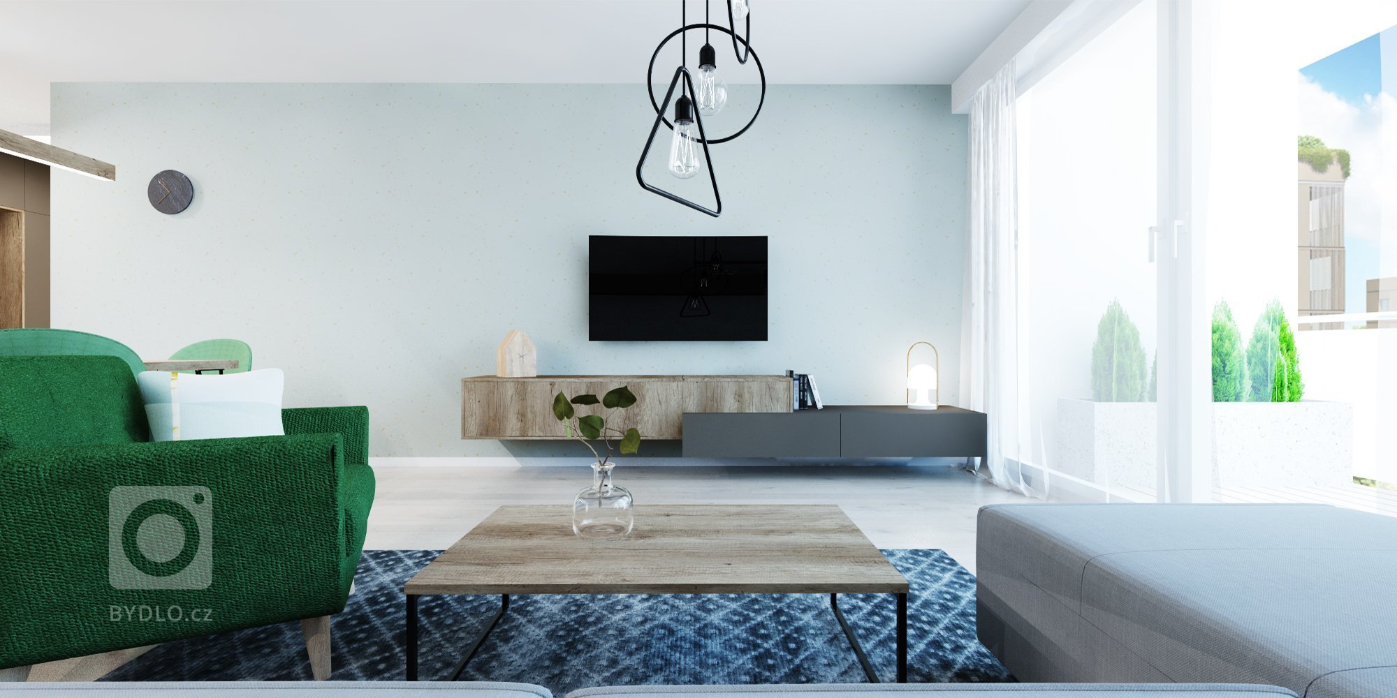 Interiér v zemitých farbách s akcentujúcou zelenou v projekte Rezidencie pri Mýte v Bratislave
