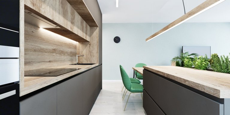 Interiér v zemitých farbách s akcentujúcou zelenou v projekte Rezidencie pri Mýte v Bratislave
