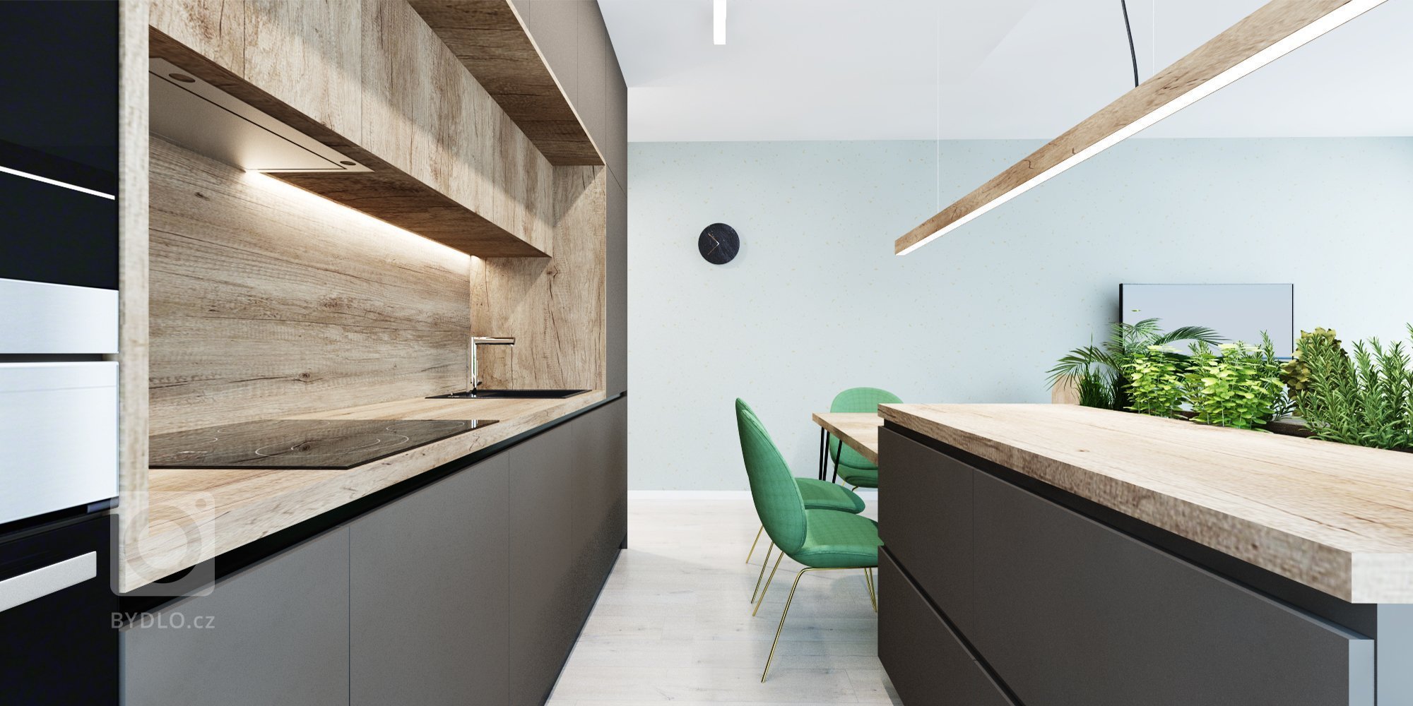 Interiér v zemitých farbách s akcentujúcou zelenou v projekte Rezidencie pri Mýte v Bratislave
