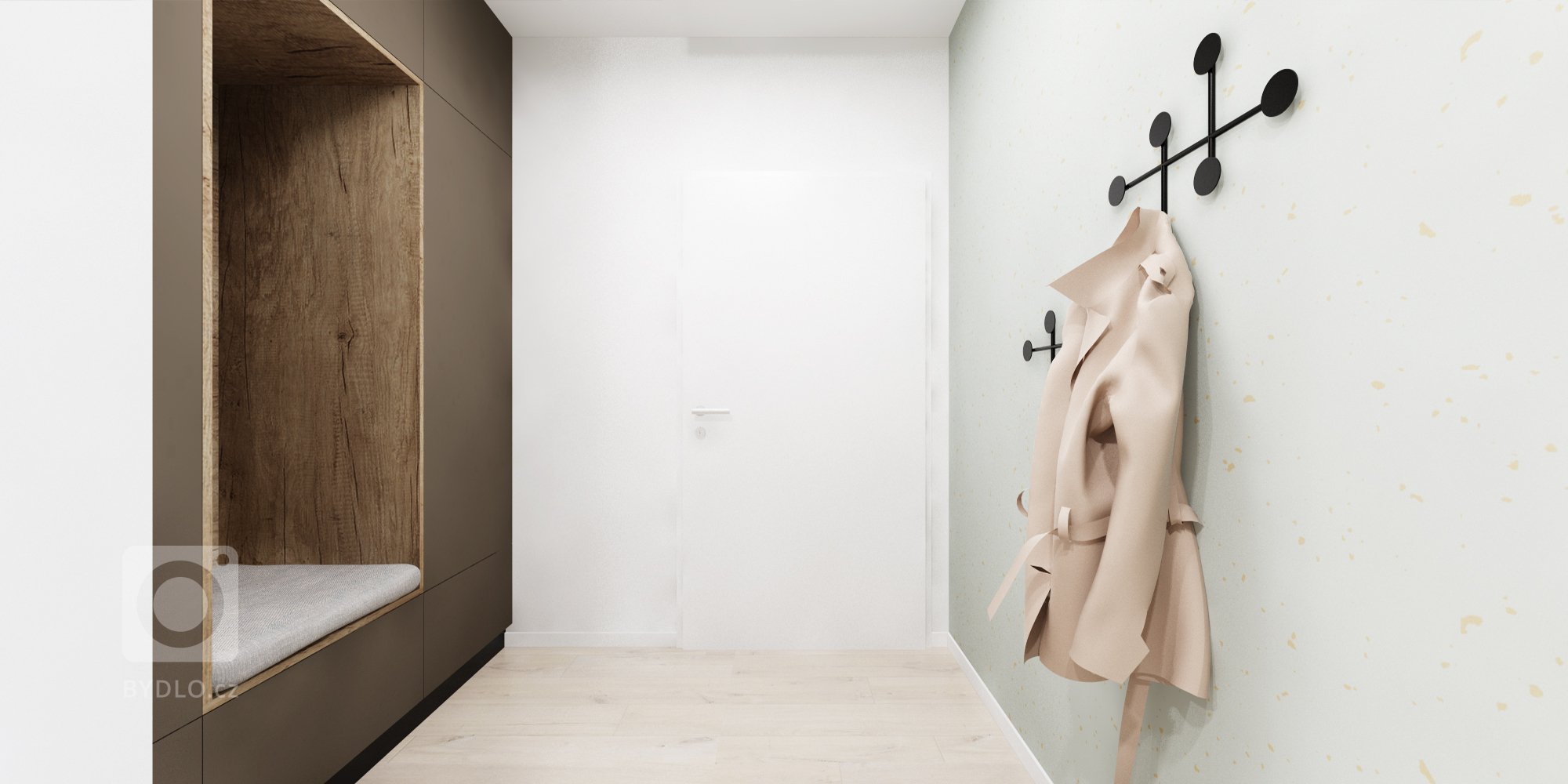 Interiér v zemitých farbách s akcentujúcou zelenou v projekte Rezidencie pri Mýte v Bratislave
