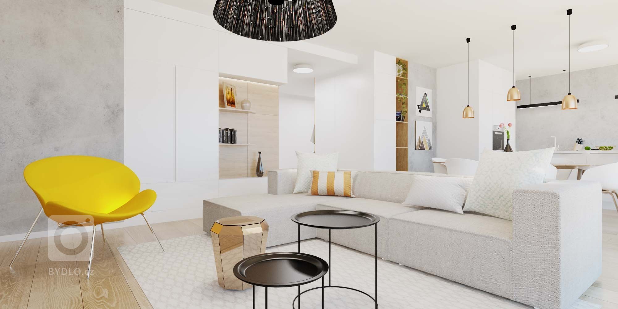 Minimalistický interiér s akcentujúcimi doplnkami.
