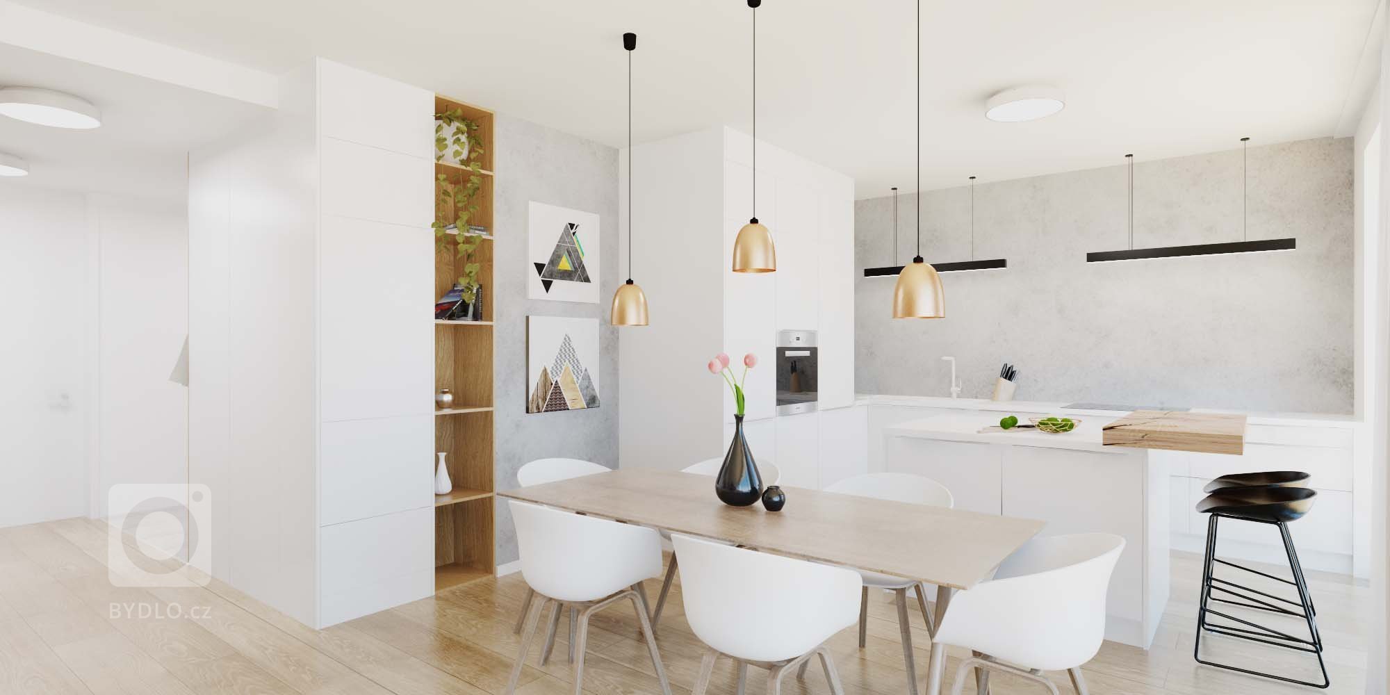 Minimalistický interiér s akcentujúcimi doplnkami.
