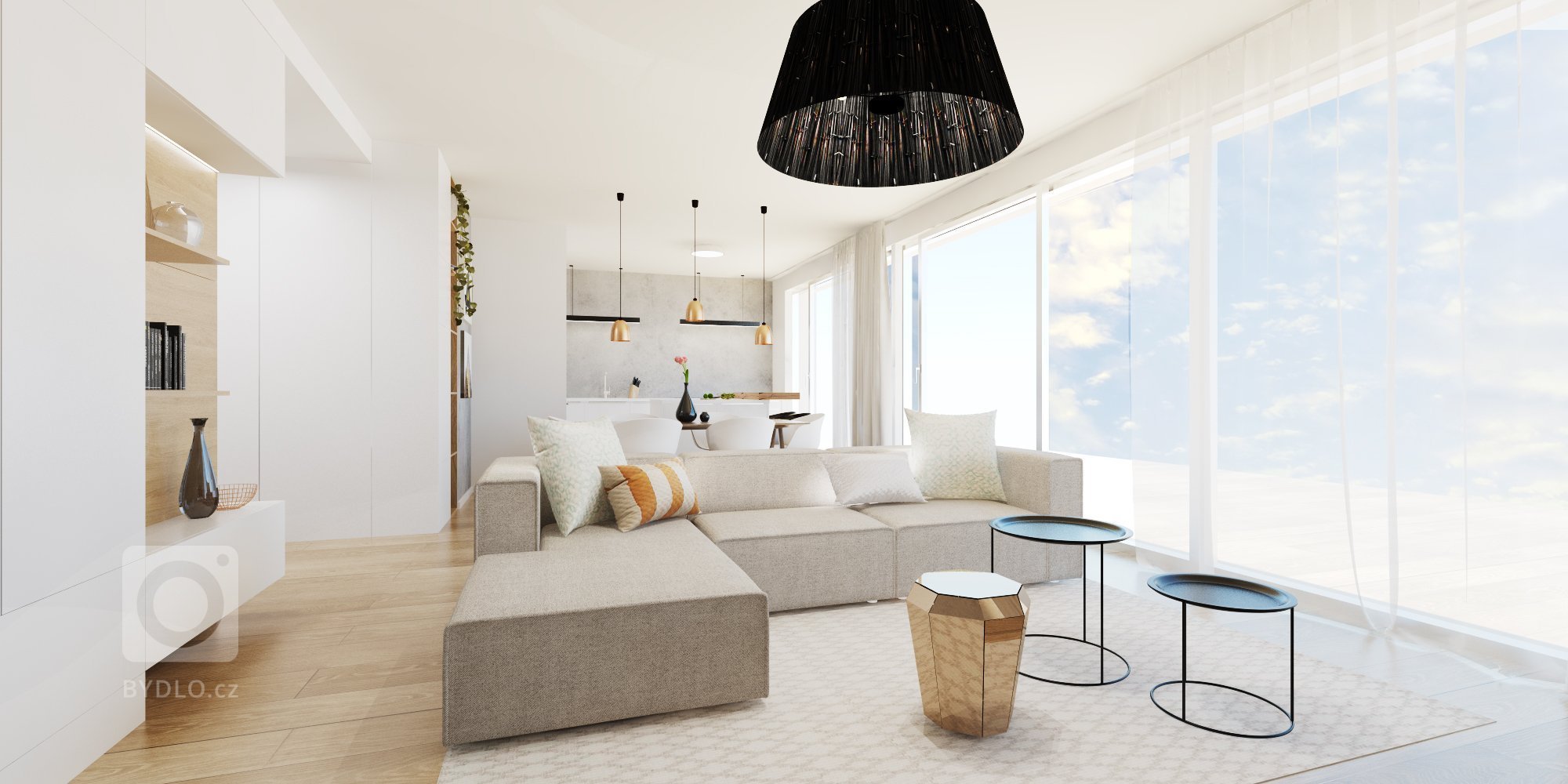 Minimalistický interiér s akcentujúcimi doplnkami.
