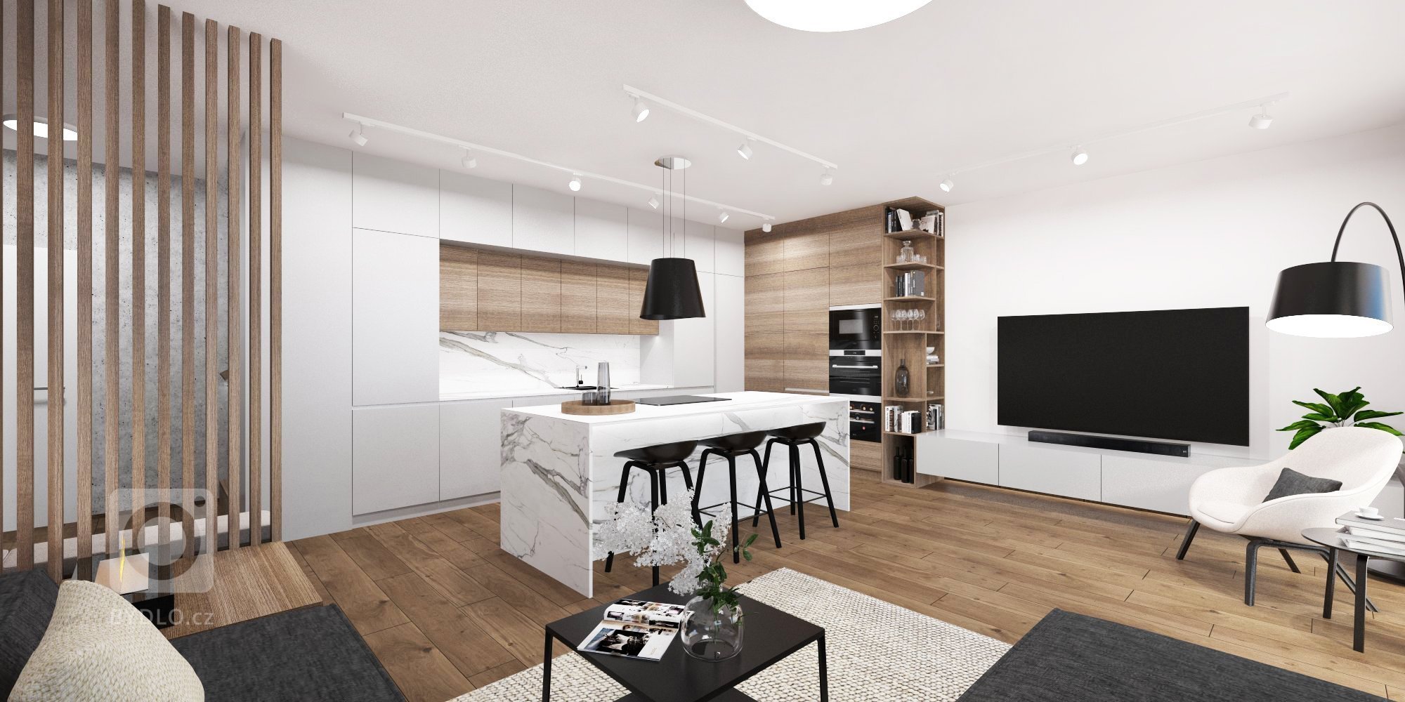 Minimalistický interiér s kontrastom dreva a mramoru.&nbsp;&nbsp;
