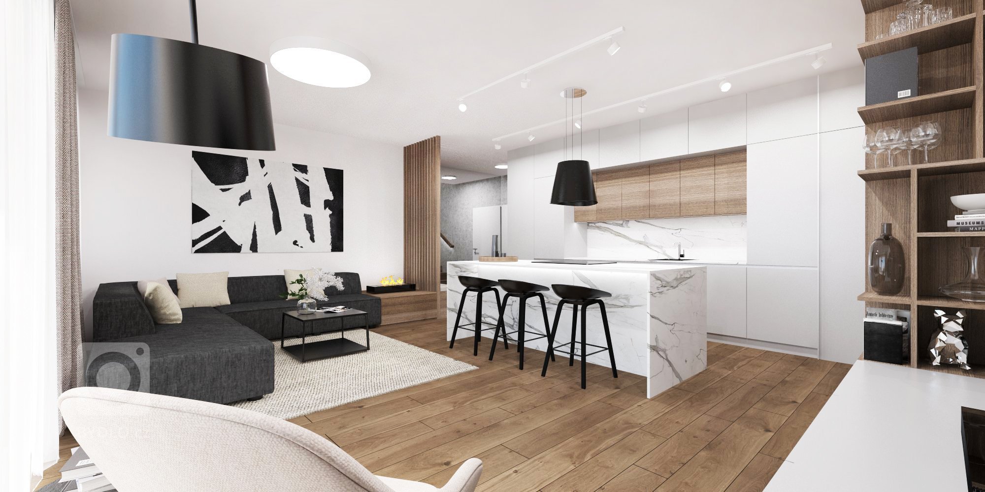 Minimalistický interiér s kontrastom dreva a mramoru.&nbsp;&nbsp;
