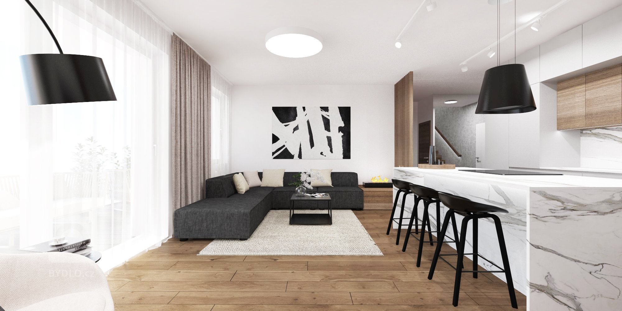 Minimalistický interiér s kontrastom dreva a mramoru.&nbsp;&nbsp;
