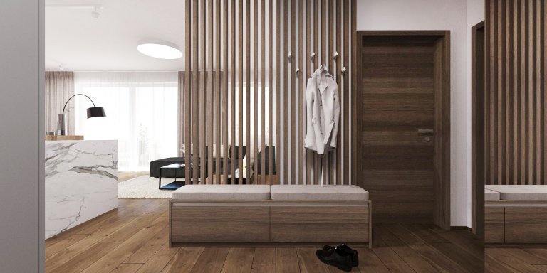 Minimalistický interiér s kontrastom dreva a mramoru.&nbsp;&nbsp;
