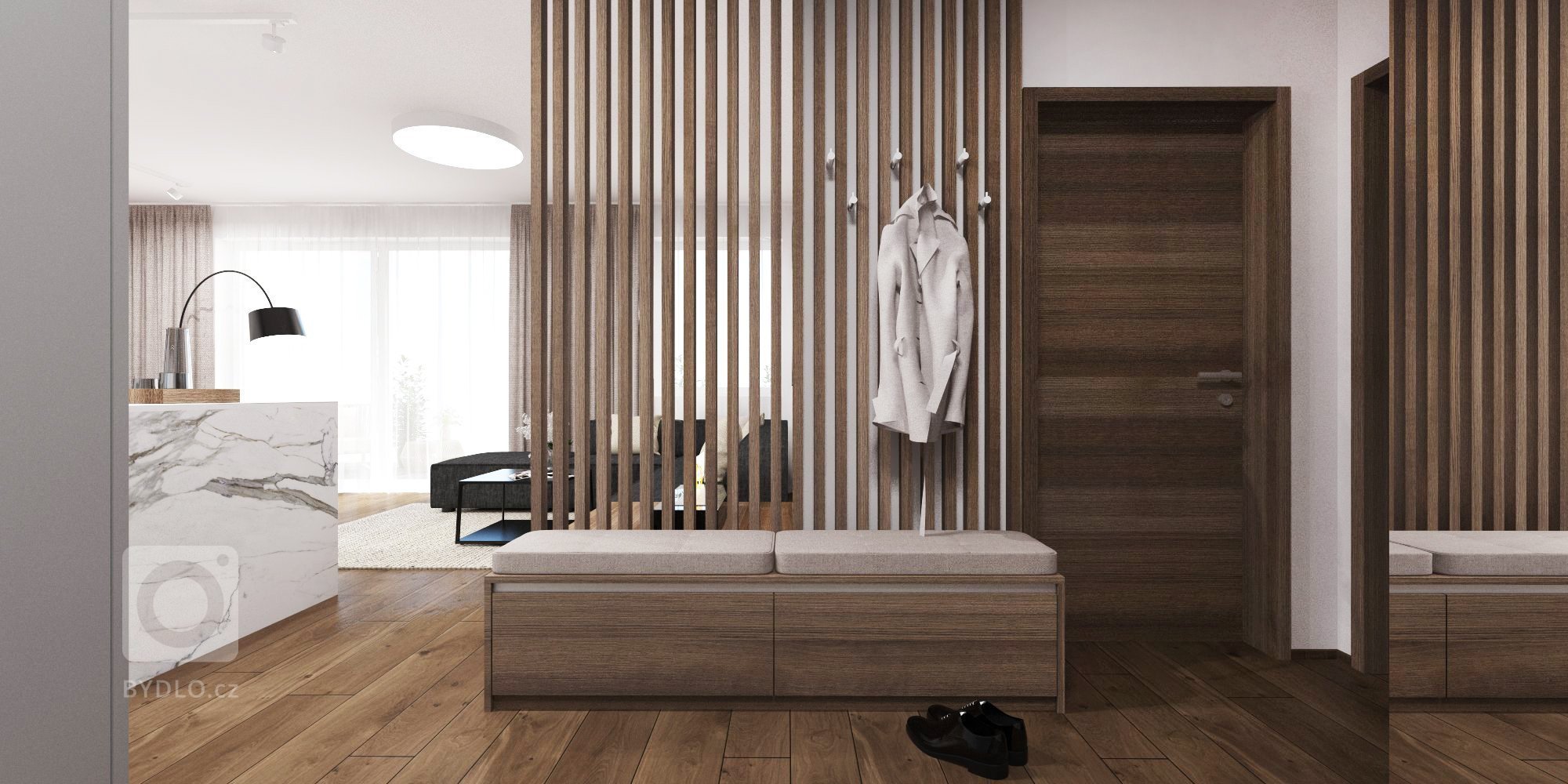 Minimalistický interiér s kontrastom dreva a mramoru.&nbsp;&nbsp;
