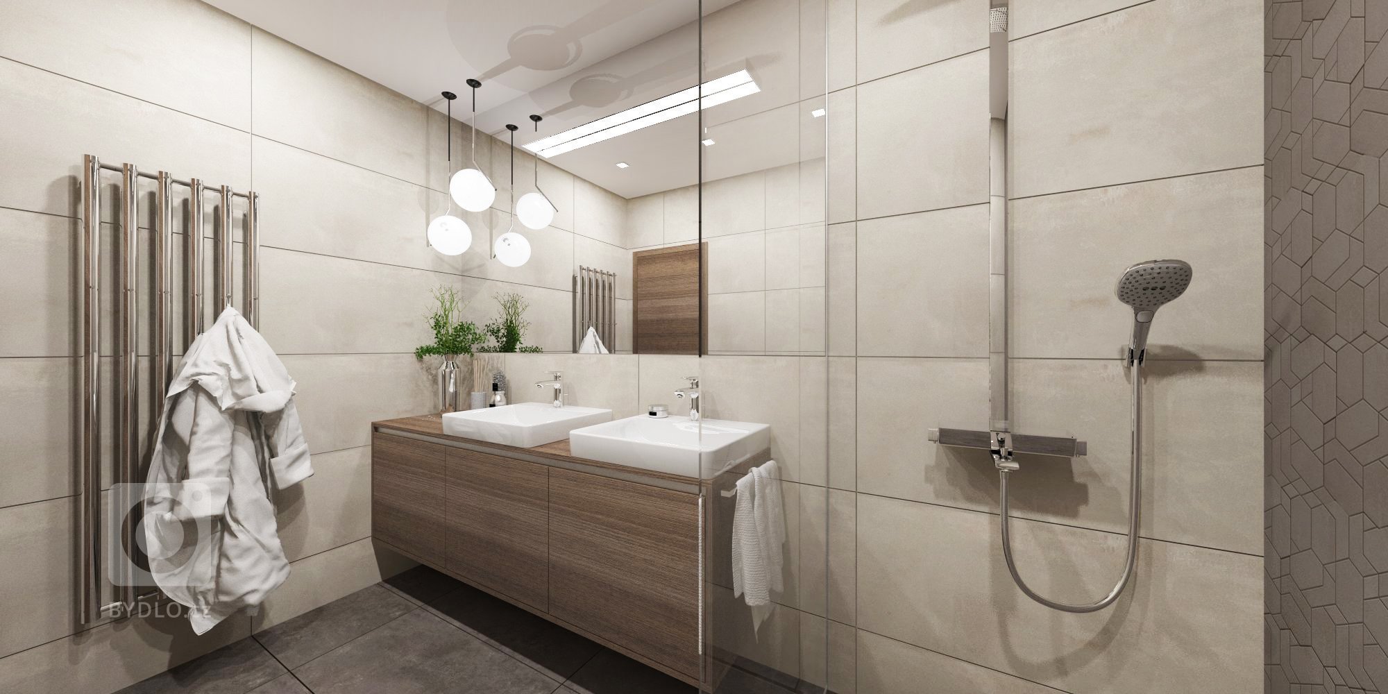 Minimalistický interiér s kontrastom dreva a mramoru.&nbsp;&nbsp;
