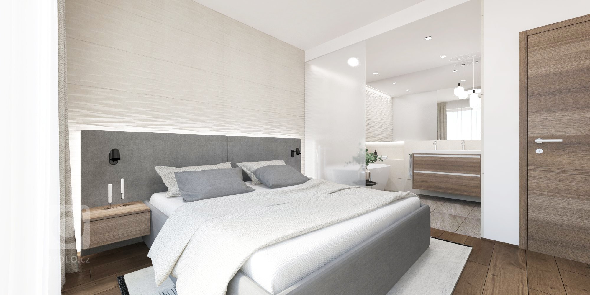 Minimalistický interiér s kontrastom dreva a mramoru.&nbsp;&nbsp;
