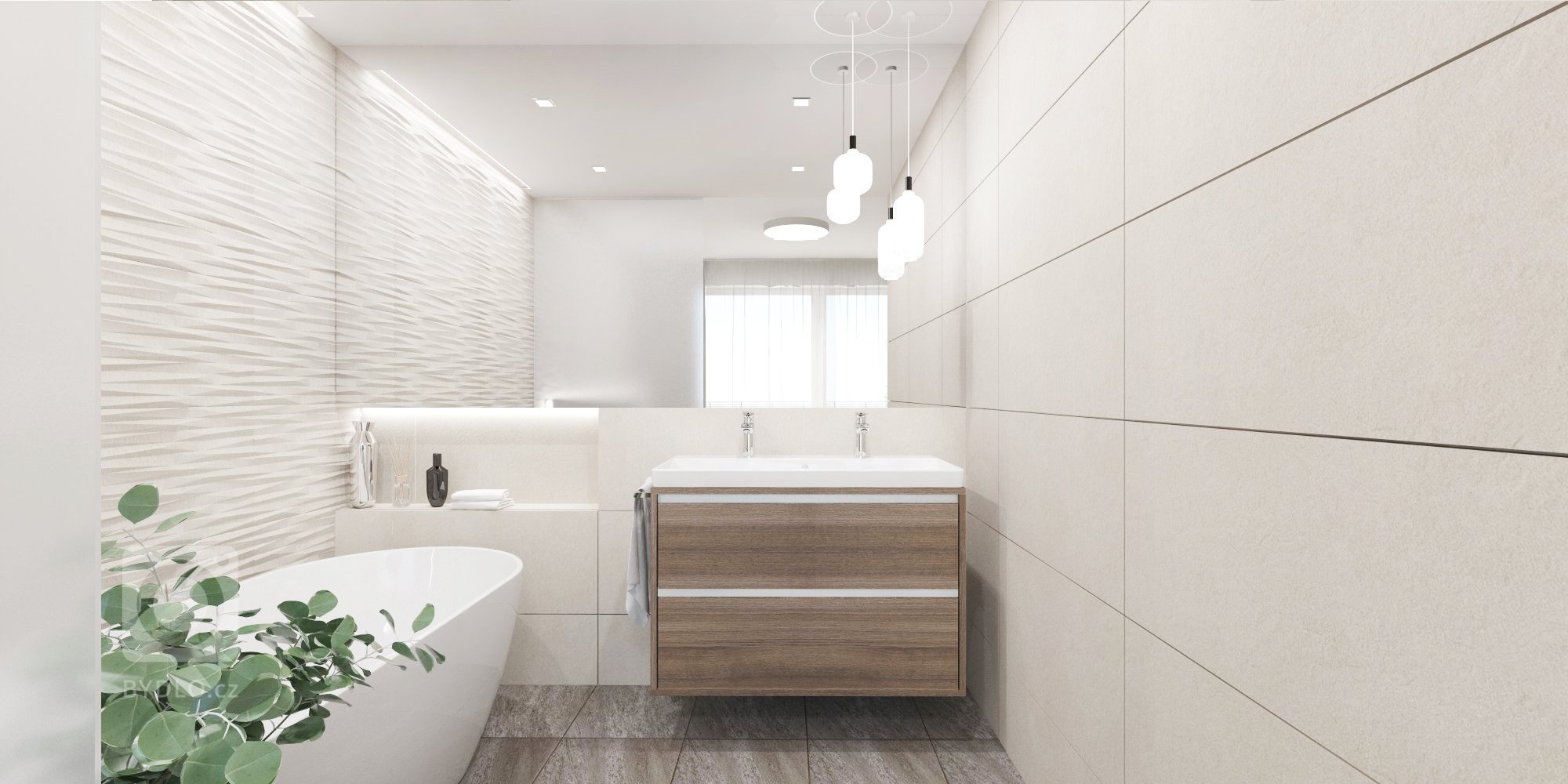 Minimalistický interiér s kontrastom dreva a mramoru.&nbsp;&nbsp;
