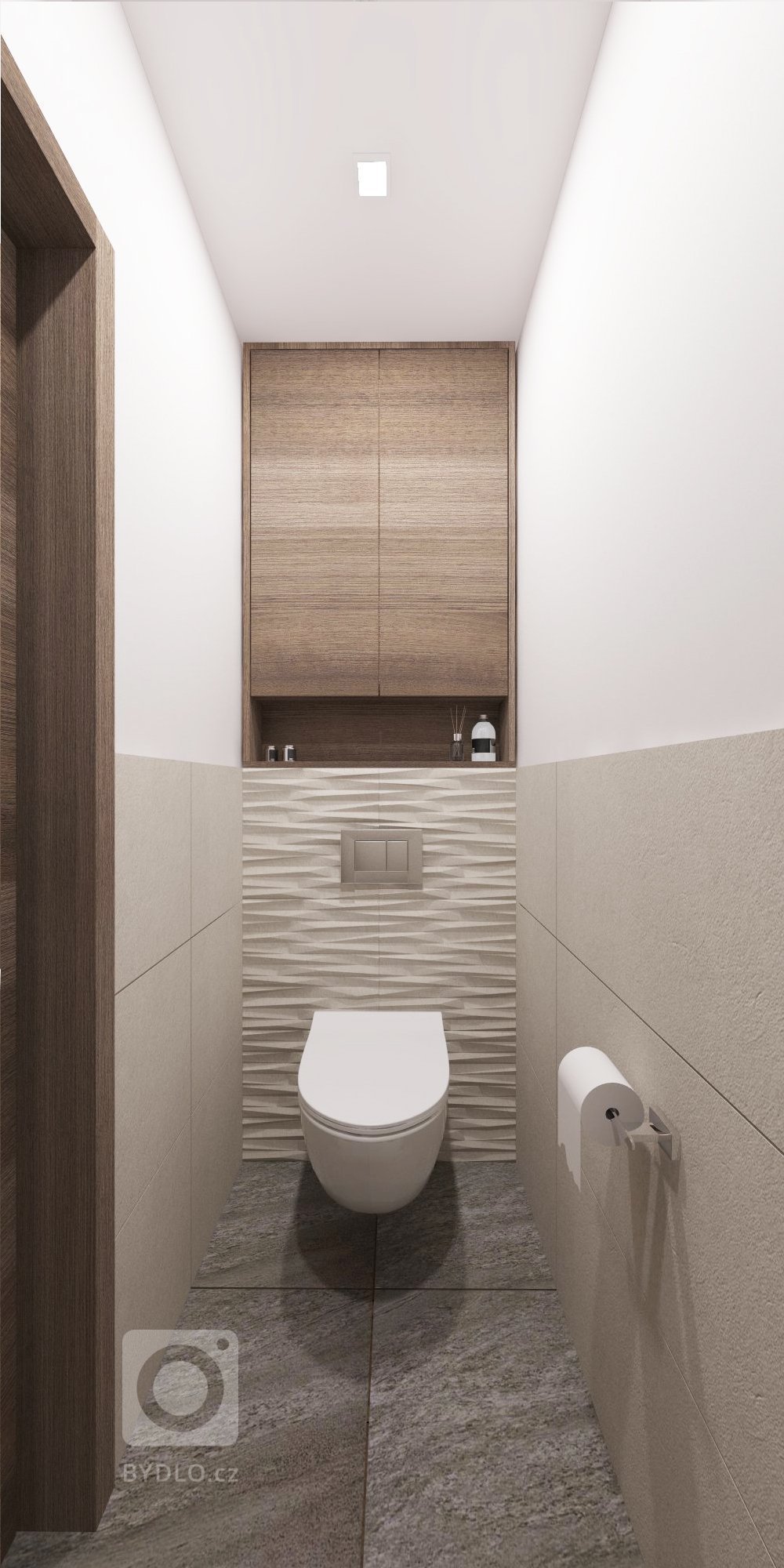 Minimalistický interiér s kontrastom dreva a mramoru.&nbsp;&nbsp;
