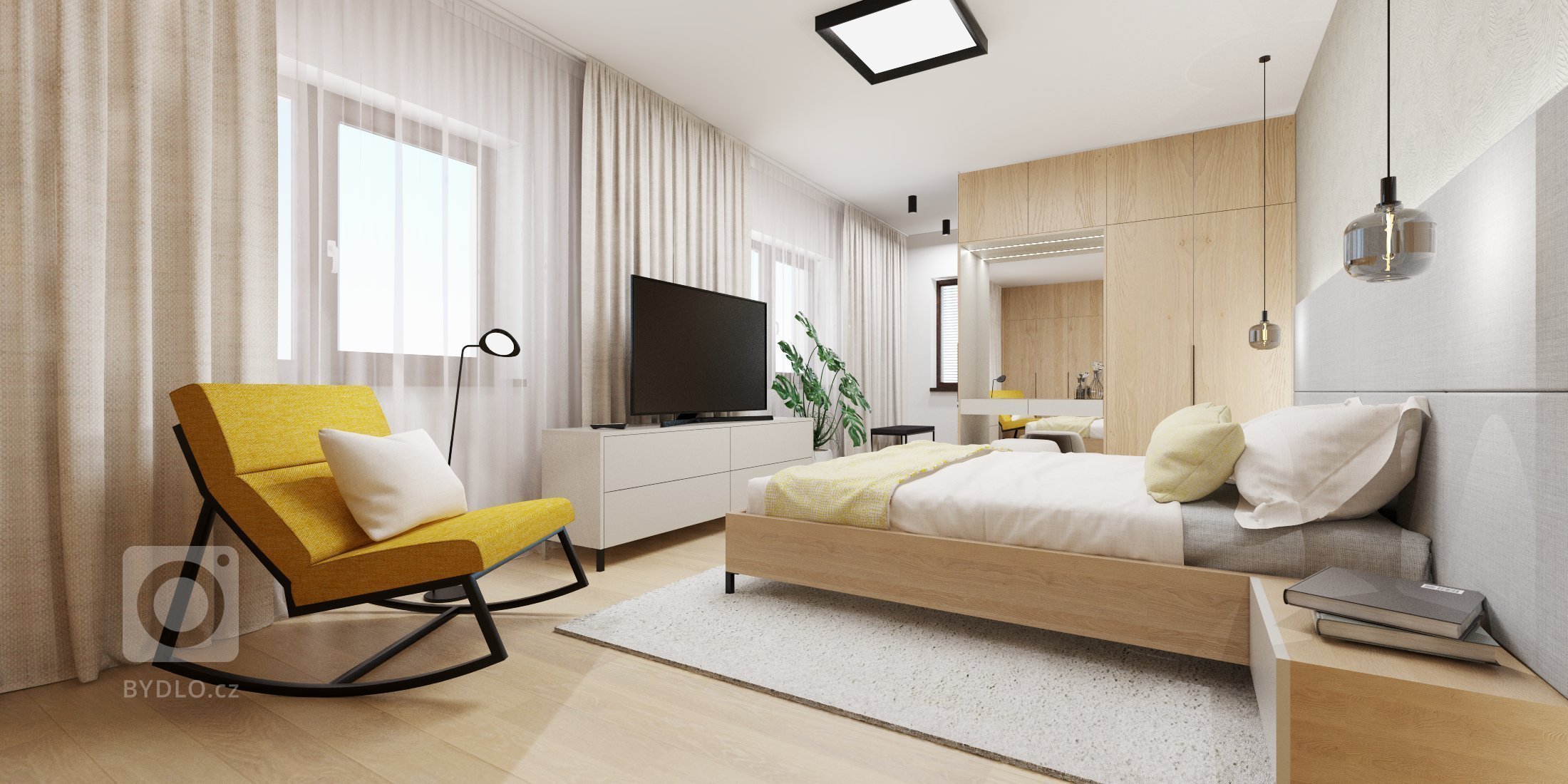 Rodinný dom sa nesie v duchu príjemného svetlého dreva kombinovaného s betónovou stierkou. Žlté a čierne akcenty&nbsp; v interiéri farebne kontrastujú
