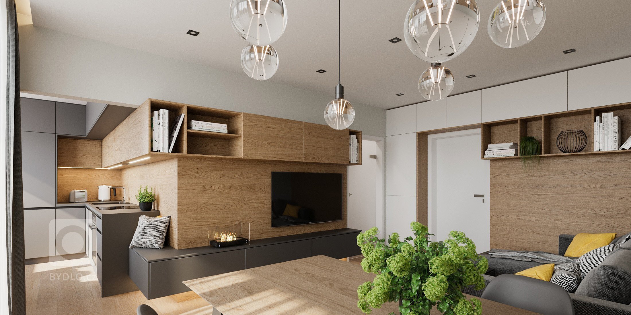 Nábytkové prvky vo výrazných materiáloch plynulo prechádzajú z priestoru kuchyne do obývačky, čím vytvárajú ucelený interiér dennej zóny bytu kde sme sa…