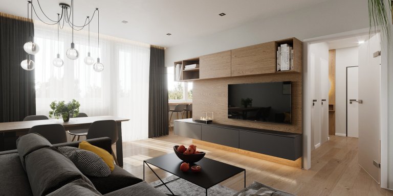 Nábytkové prvky vo výrazných materiáloch plynulo prechádzajú z priestoru kuchyne do obývačky, čím vytvárajú ucelený interiér dennej zóny bytu kde sme sa…