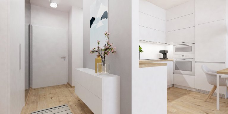 Nový interiér v projekte Slnečnice&nbsp;sa nesie v príjemnej a overenej kombinácii bielej farby a dreva. Elegantný podklad návrhu jemne ozvláštňujú prvky s…