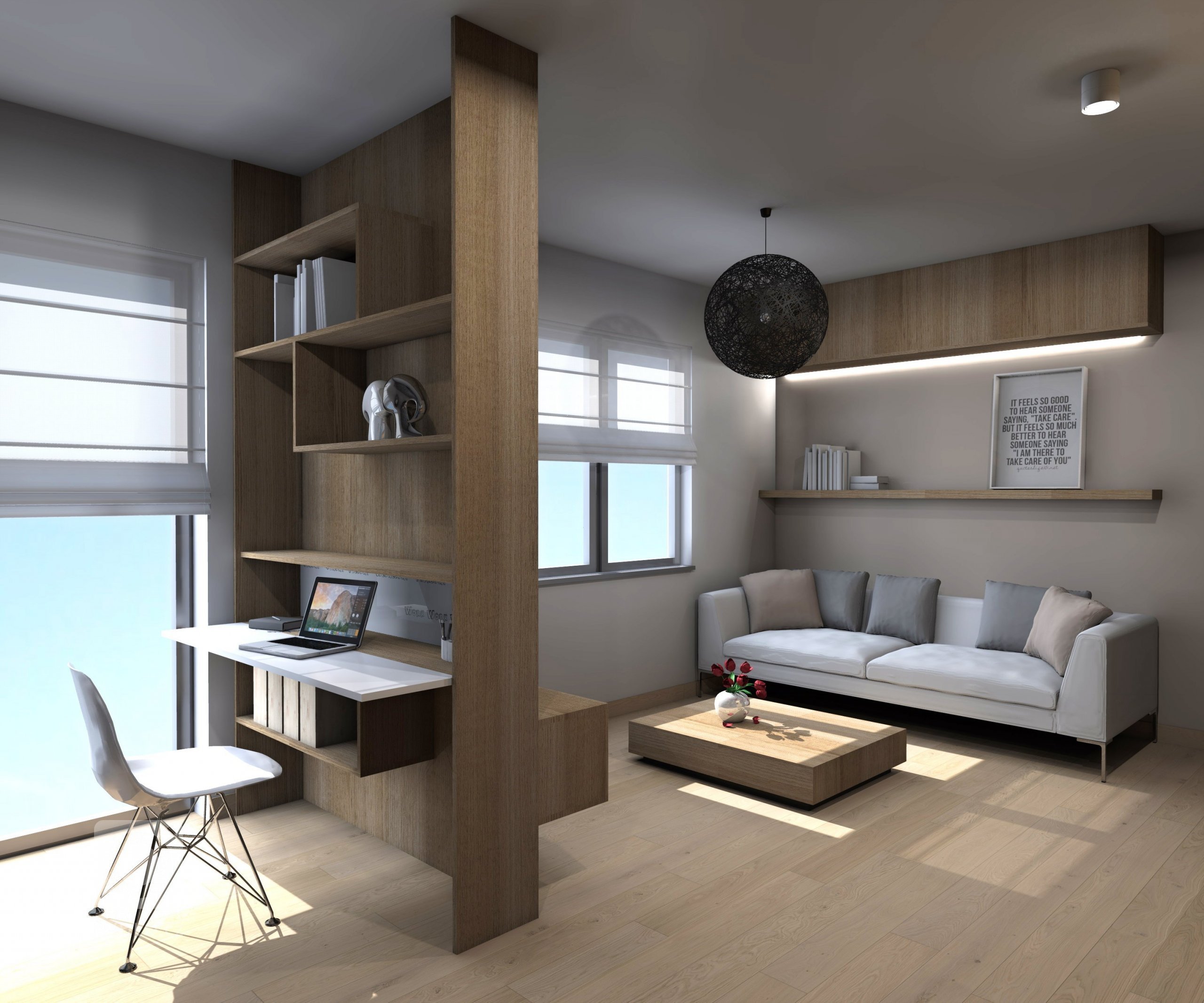 Obývací pokoj s kuchyní a pracovním koutkem